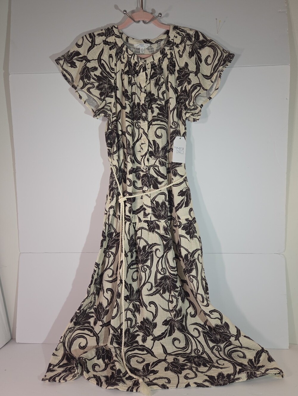 Time and Tru Cream Darkest Brown Double Cloth Midi Dress NWT L 12-14 Belted